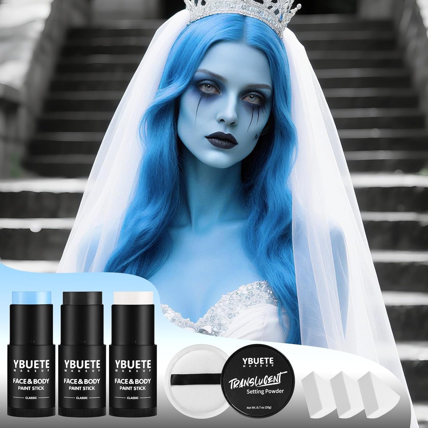 Face Body Paint Stick Set - Black, White & Light Blue | Full Coverage Halloween Makeup with Translucent Powder & Sponges