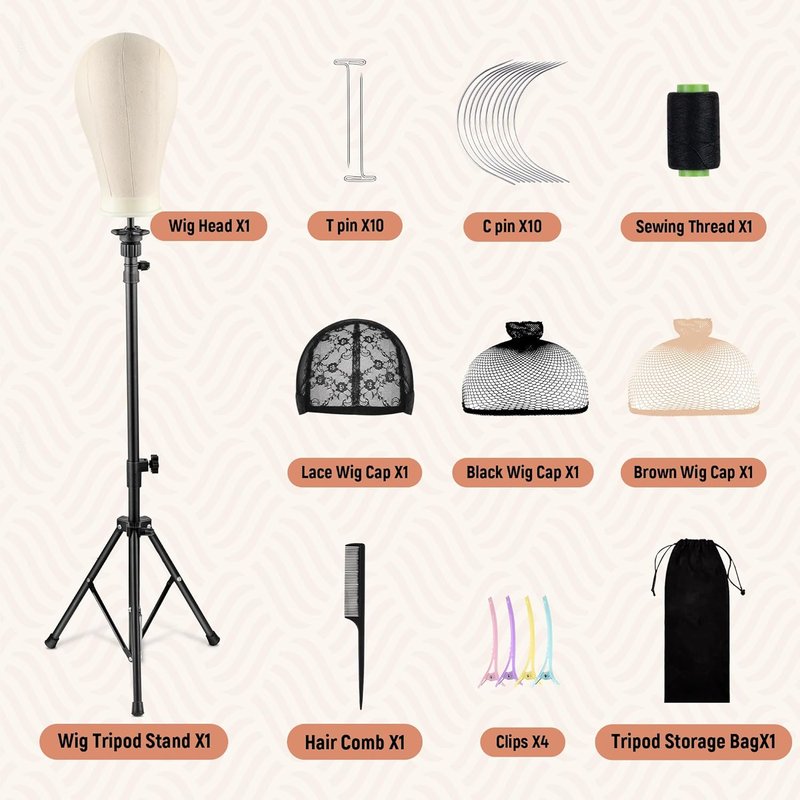 Tall Wig Tripod Stand with Canvas Mannequin Head - 23 Inch Styling Display Kit with Accessories | Adjustable Height 37.4-50.8 Inch