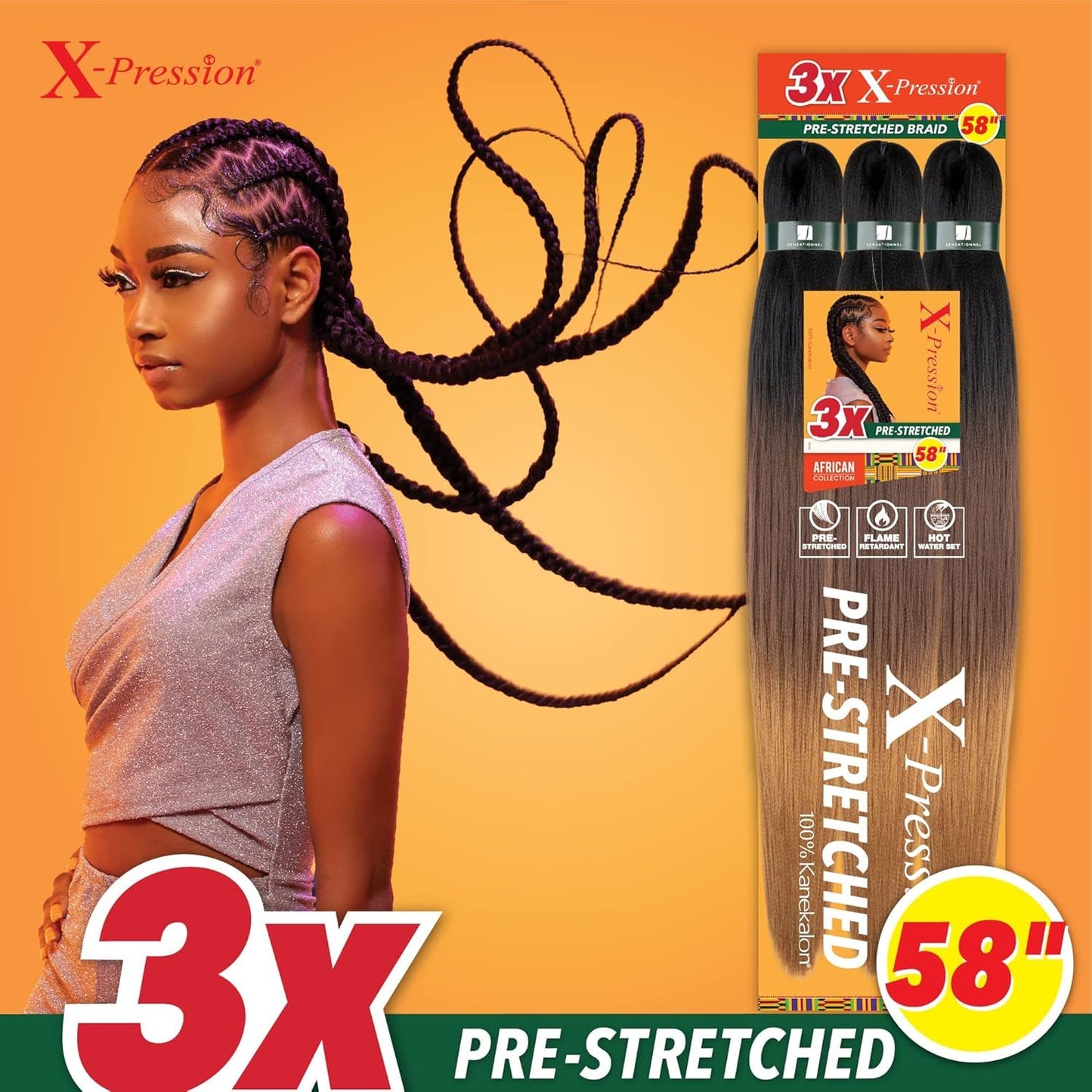 XPRESSION 3X Pre-Stretched Braids - 58 Inch Long, 5-Pack | Natural Black 1B