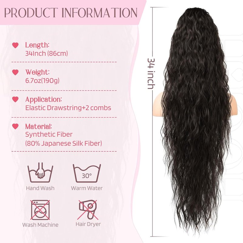 Ponytail Extension - 34 Inch Extra Long Wavy Drawstring Hairpiece | Soft Synthetic Fiber in Black Brown