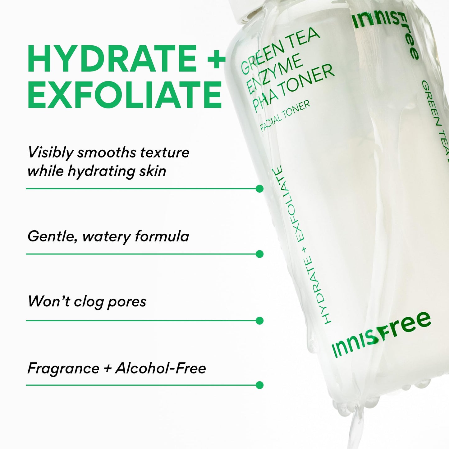 innisfree Green Tea Enzyme PHA Toner with Hyaluronic Acid, Hydrating Korean Exfoliating Essence for Smooth, Glowing Skin