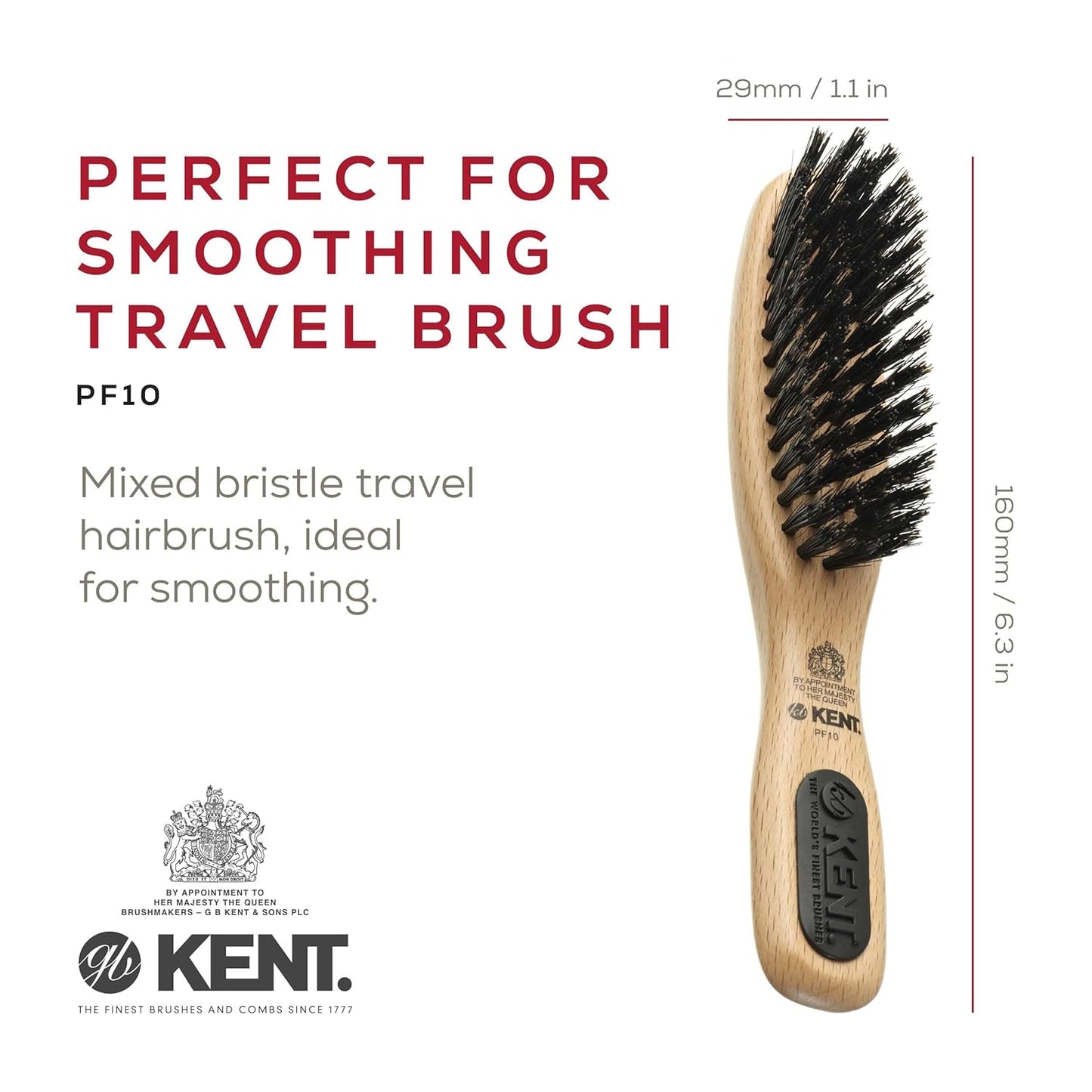 Kent PF10 Boar Bristle Brush - Natural Hair Straightening & Smoothing | Travel-Friendly for Short to Medium Hair