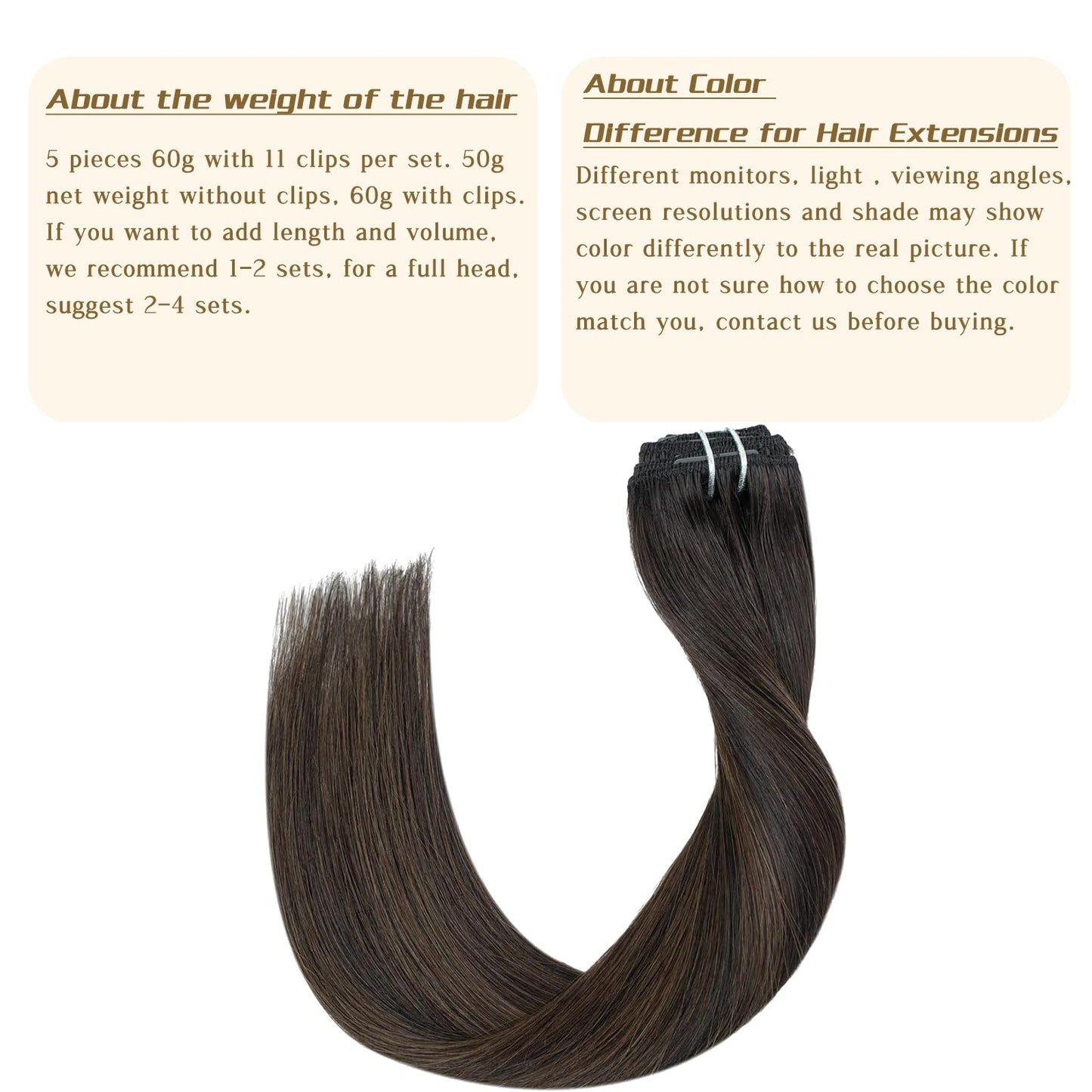 Ombre Hair Extensions Clip in Human Hair Remy Brazilian Clip on Real Human Hair Invisible Double Weft Balayage Dark Brown to Chestnut Brown 20 Inch 60G 5 PCS Natural Straight Clip ins Hair for Women