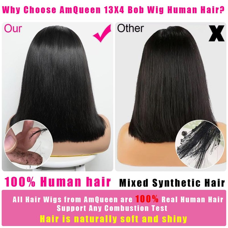 Skinlike HD Lace Closure Human Hair Straight Short Bob Human Hair 13X4 Real 180% Density Wigs For Black Women 0.10mm Ultra-thin Lace Glueless Pre-Plucked With Baby Hair Free Part Wig (18inch)