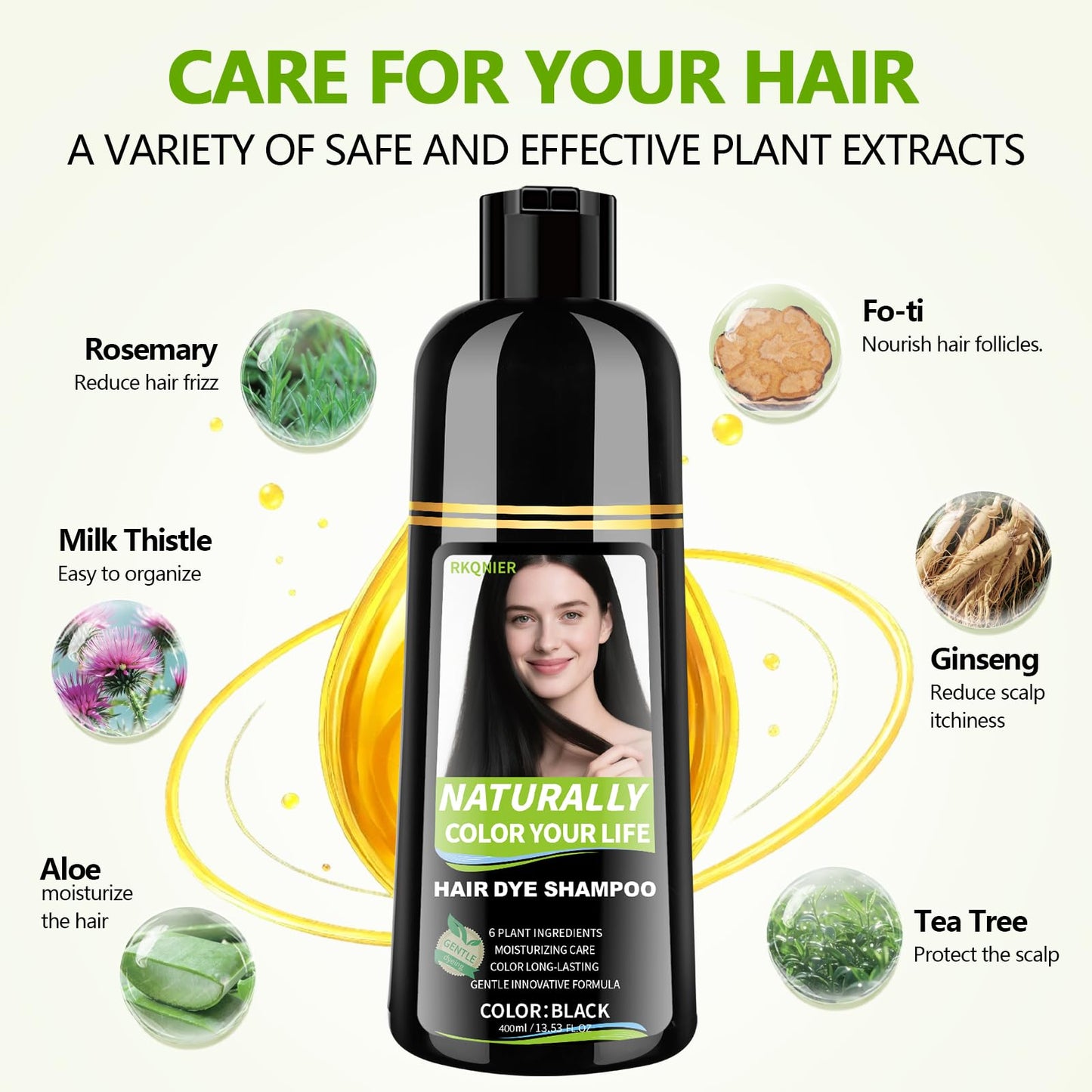 RKQNIER Black Hair Dye Shampoo for Women & Men, 10 Min Gray Coverage, 3 in 1 Semi-Permanent Hair Color Shampoo with Natural Herbal Ingredients