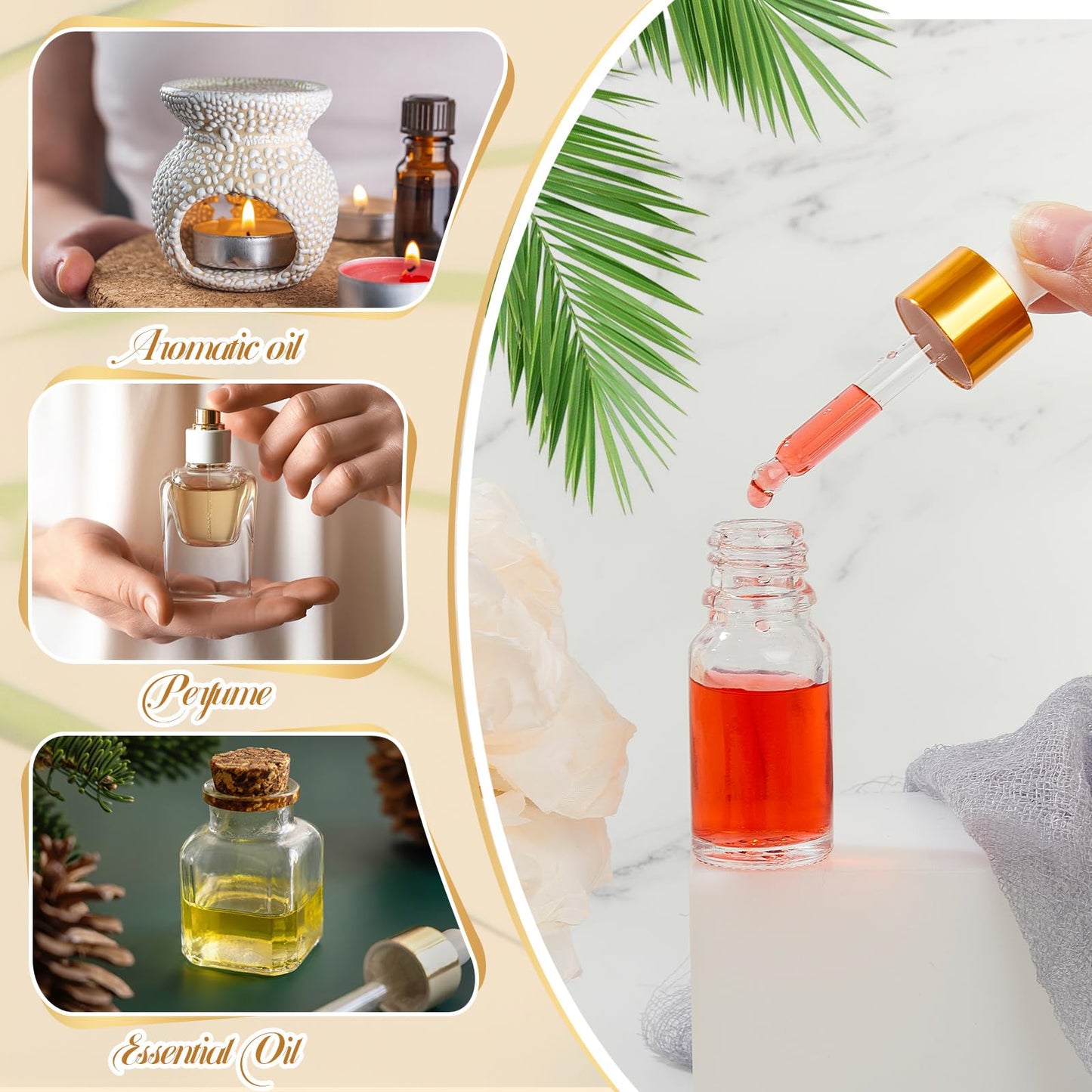 Didaey 100 Pcs 1/2/3/5/10/15 ml Mini Glass Oil Dropper Bottle Bulk, Clear Essential Small Empty Bottles Sample Containers Perfume Liquid Vials with Cap for Traveling (10 ml,Champagne Gold)