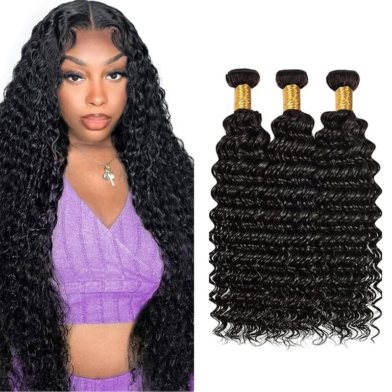 Deep Wave Human Hair Bundles - Natural Black Brazilian Virgin Remy Hair Extensions | 14 Inch, Tangle-Free, Daily Wear