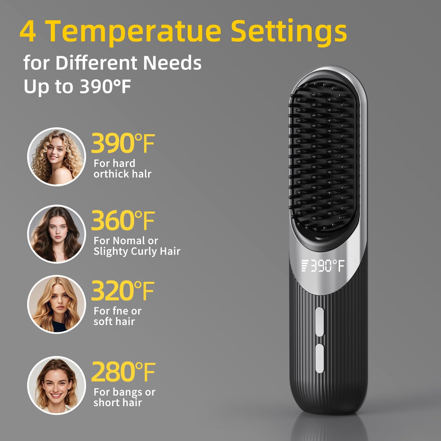 Cordless Hair Styling Brush 2-in-1 AI Smart Styler Fast Heat 30 Seconds USB Rechargeable Dual Power LCD Display Portable Travel Comb Includes Pouch (Black)