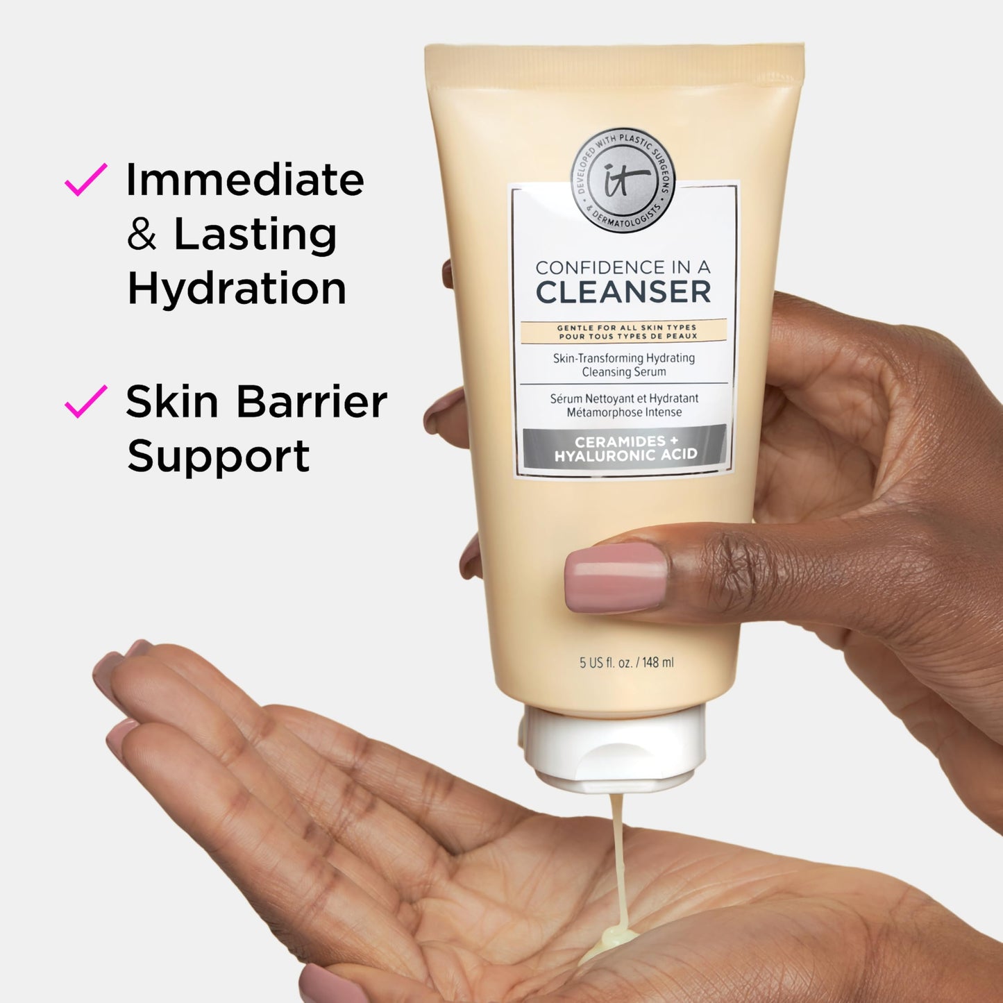 IT Cosmetics Confidence in a Cleanser - Hydrating Serum Foaming Face Wash, Hyaluronic Acid & Ceramides, Gentle Makeup Remover, Skin Barrier Support, Non-Stripping, Sulfate-Free - 5 fl oz