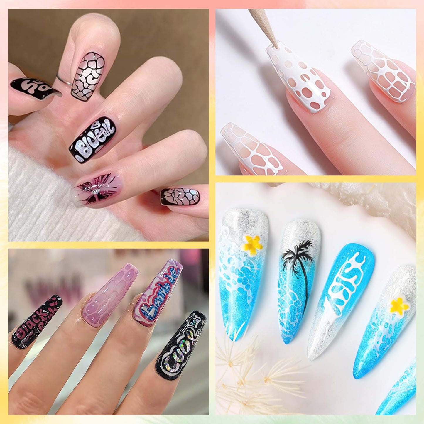 12Pcs Poke Gel Nail Polish Set with Professional Poke Base Gel Polish Multifunctional Lace Painting Gel Paint for Nails Art Design with Wooden Nail Stick Nail Brush for Drawing Letter Wave Flower