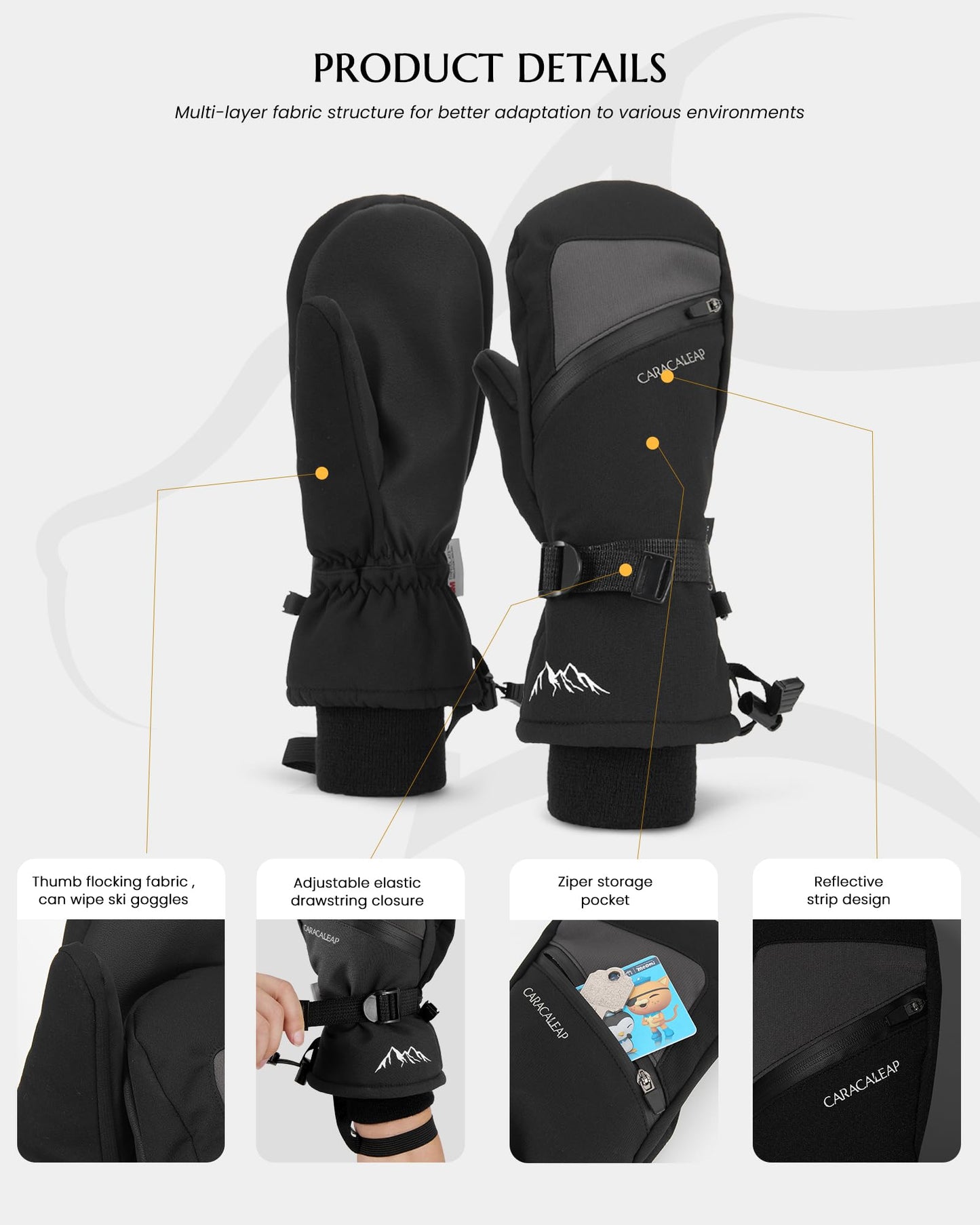 Winter Ski Mittens for Men Women Cold Weather- Warm Snow Snowboard Mittens Gloves Windproof & Waterproof, Thinsulate Warm Snow Sports Mitts with Pocket Skiing Snowboarding Mitts Gloves Black XS-S