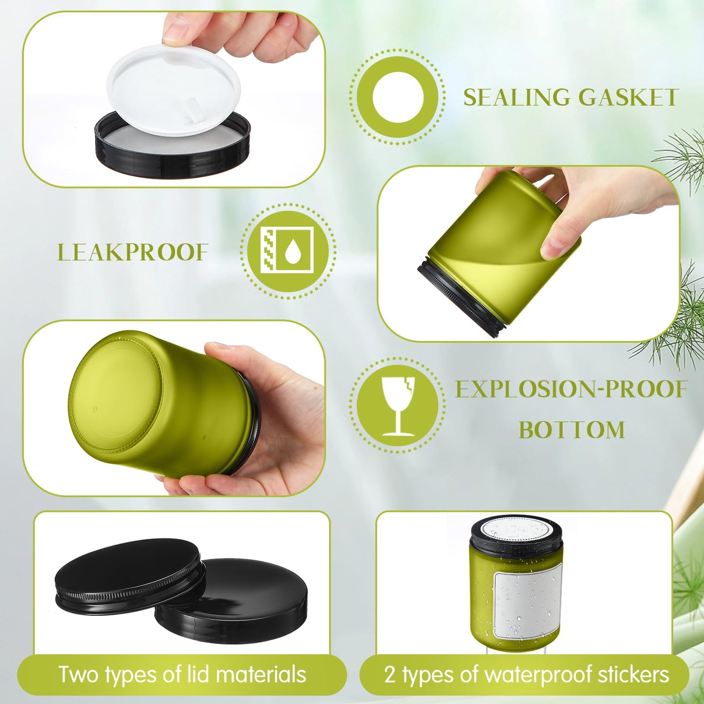 Norme 12 Pcs 8oz Thick Glass Jars with 24 Plastic Metal Inner Liners Lids Empty Glass Jars with 24 Label Airtight Storage Containers Operation Christmas Items for Lotions Creams(Green)