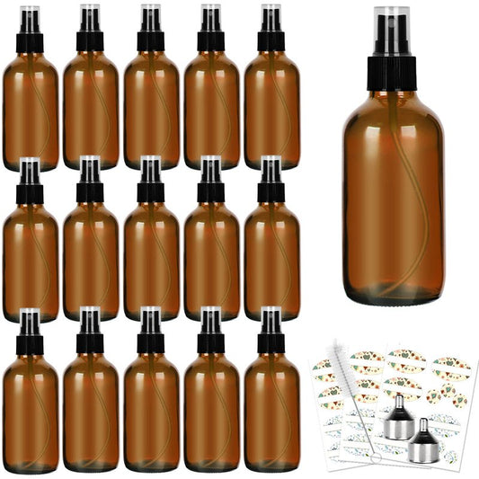 CycleMore 120ml 16Pcs 4oz Amber Glass Spray Bottles with Fine Mist Sprayers, Glass Travel Bottles for Cosmetic Essential Oils Cleaning Solutions Perfumes & More Liquids Ideal for Mother & Friends