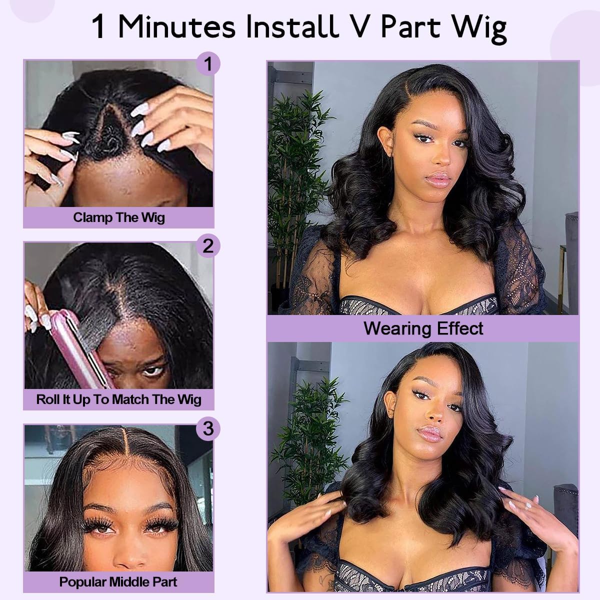 Short Wavy V Part Wigs For Black Women, Wear&Go Upgrade U Part Bob Wig, Glueless Half Wig Heat Resistant Synthetic Hair Soft As Human Hair (Black, 12 Inch)