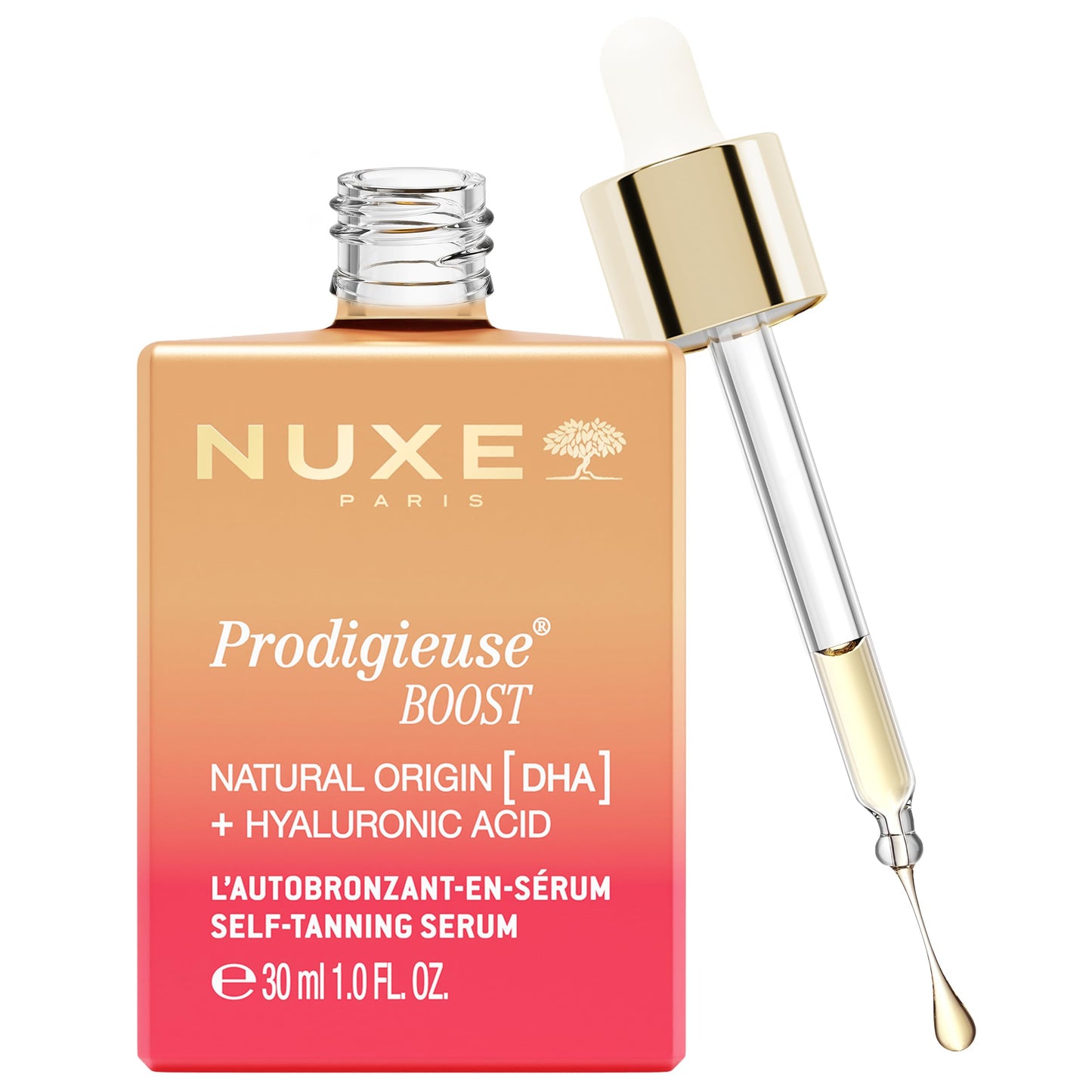 NUXE Prodigieuse Boost Self Tanning Drops for Face and Neck. Self Tan Serum with Hyaluronic Acid and 100% Natural DHA for a Gradual, Radiant Glow, 1.0 Fl Oz