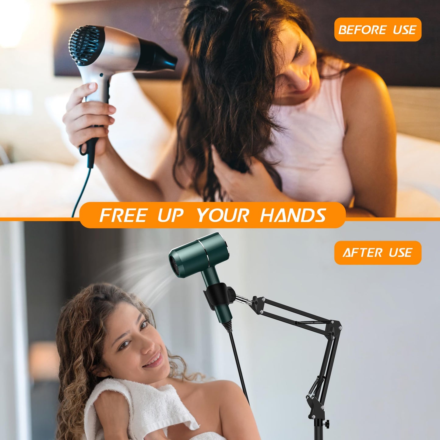 Hair Dryer Stand, 1.68M Height Adjustable, Hands Free Blow Dryer Holder with Heavy Base, 360 Degree Rotating, Work with 99% Dryers, Gift for Mom, Elder, Frozen Shoulder - Black