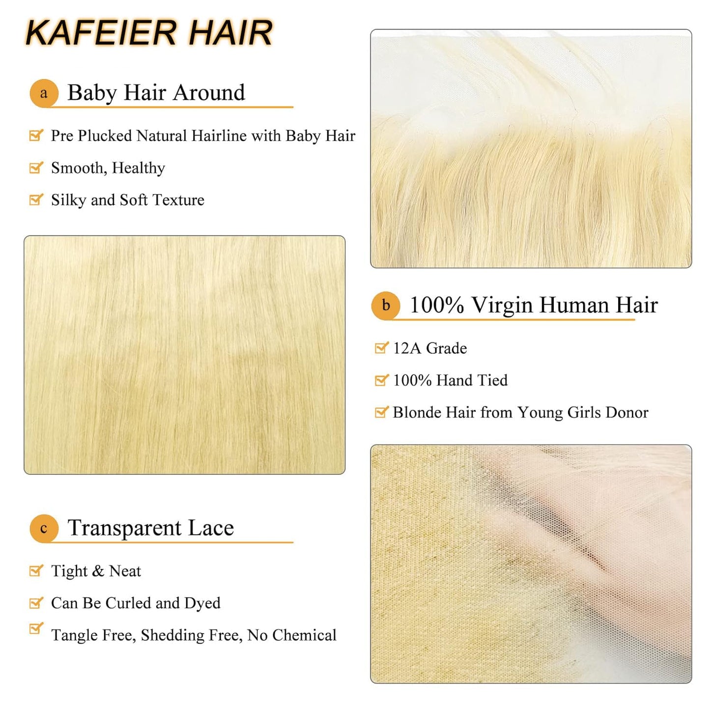 KAFEIER HAIR 613 Lace Frontal Straight Human Hair Ear To Ear Blonde Frontal 13X4 Transparent Hd Lace Free Part With Baby Hair Pre Plucked Brazilian Virgin Remy Human Hair Extension 14 Inch