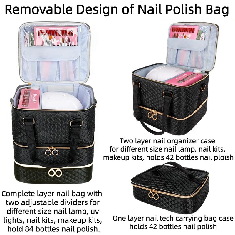 MZTXY Nail Polish Organizer Bag, 3 Layers Nail Kit Organizers and Storage Case Holds 84 Bottles(15ml/0.5fl.oz)& Nail Lamp, Large Shoulder Bag Travel Carrying Case Box for Nail Supplies