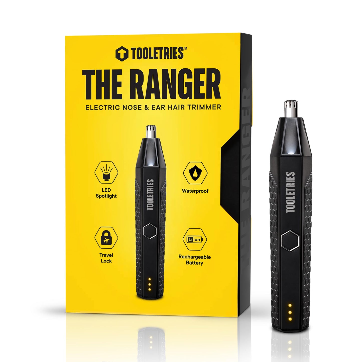 TOOLETRIES The Ranger Electric Nose & Ear Hair Trimmer for Men, Rechargeable Waterproof Trimmer, Stainless Steel Dual-Edge Blades, LED Precision Spotlight, Wet & Dry Grooming, Travel Lock - Black
