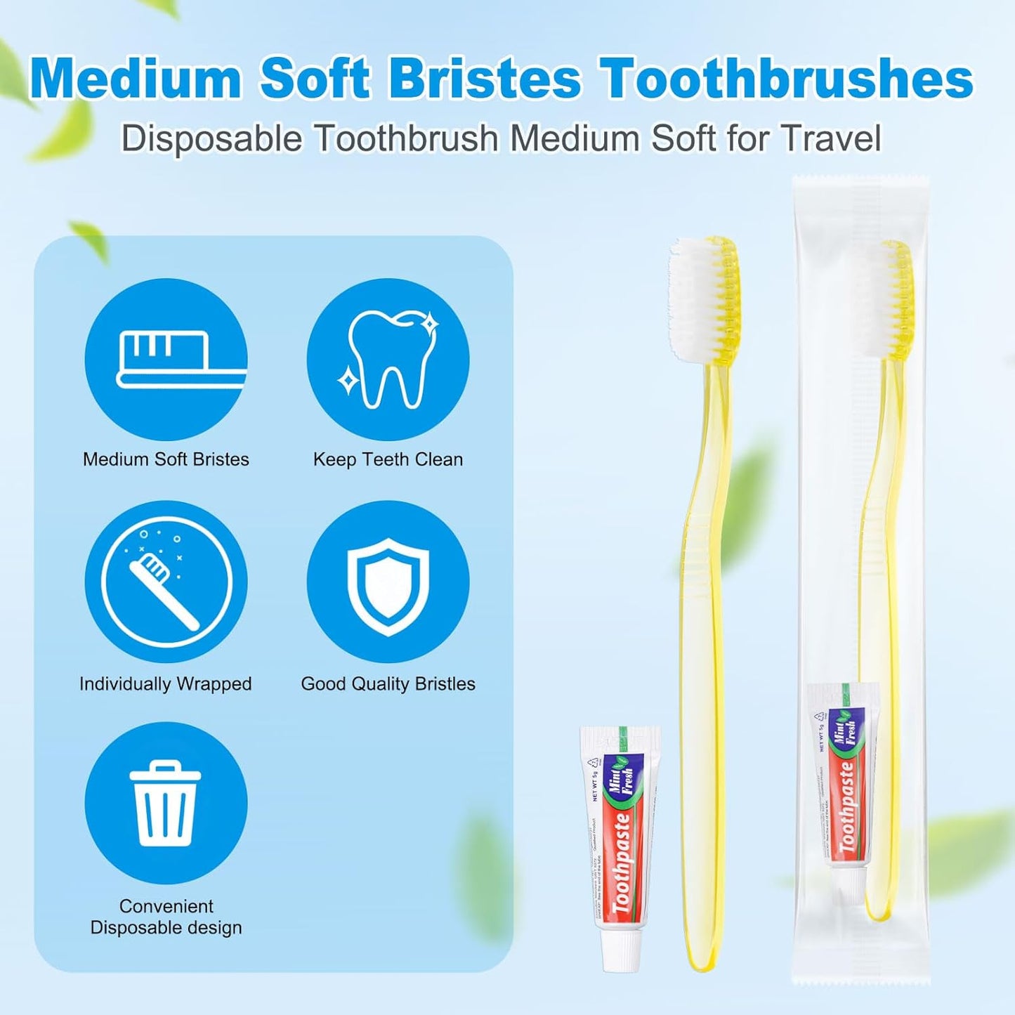 Disposable Toothbrush Set with Toothpaste - Individually Wrapped Travel Size Medium Soft Bristles | 200 Pack for Hotels, Travel & Donations