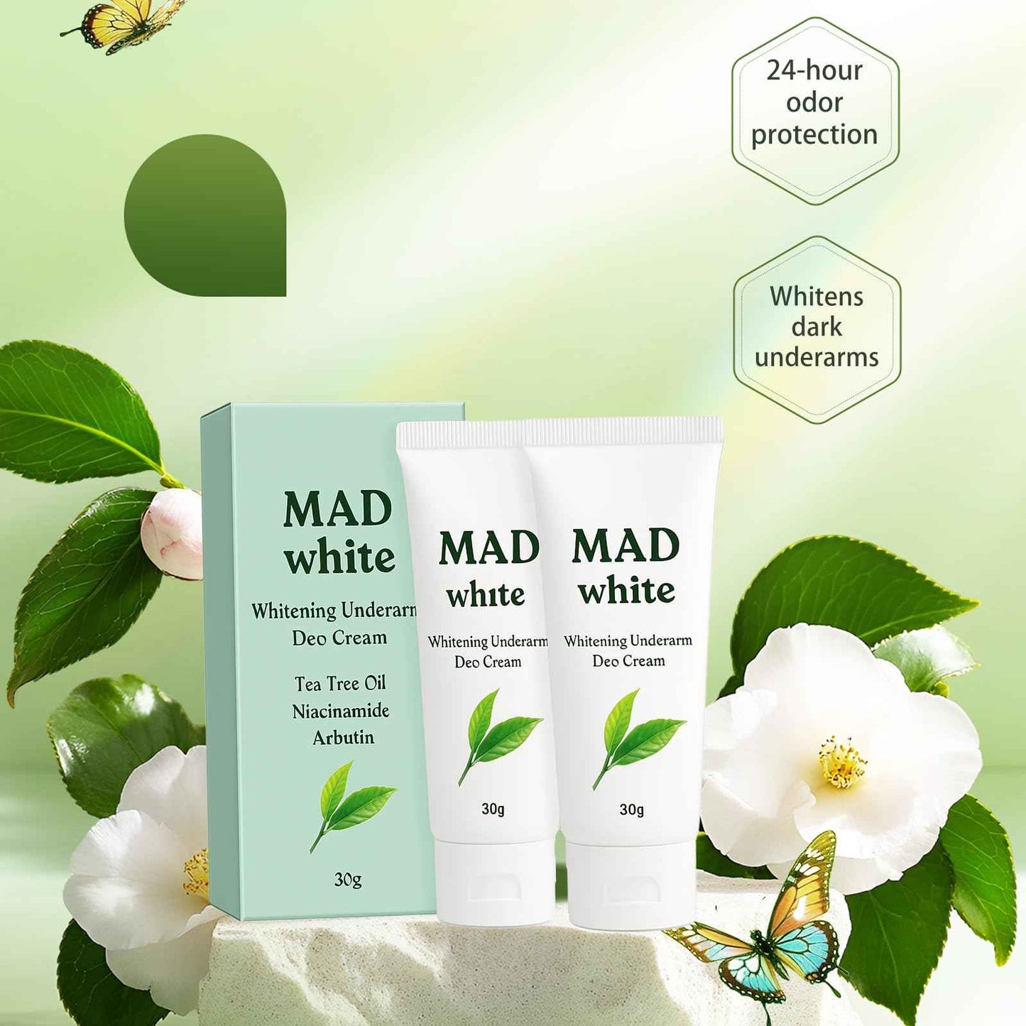 HolaWise MAD WHITE Underarm Deo Cream, for Dark Armpits, Elbows, Knees, for Sensitive Skin 30g (3)