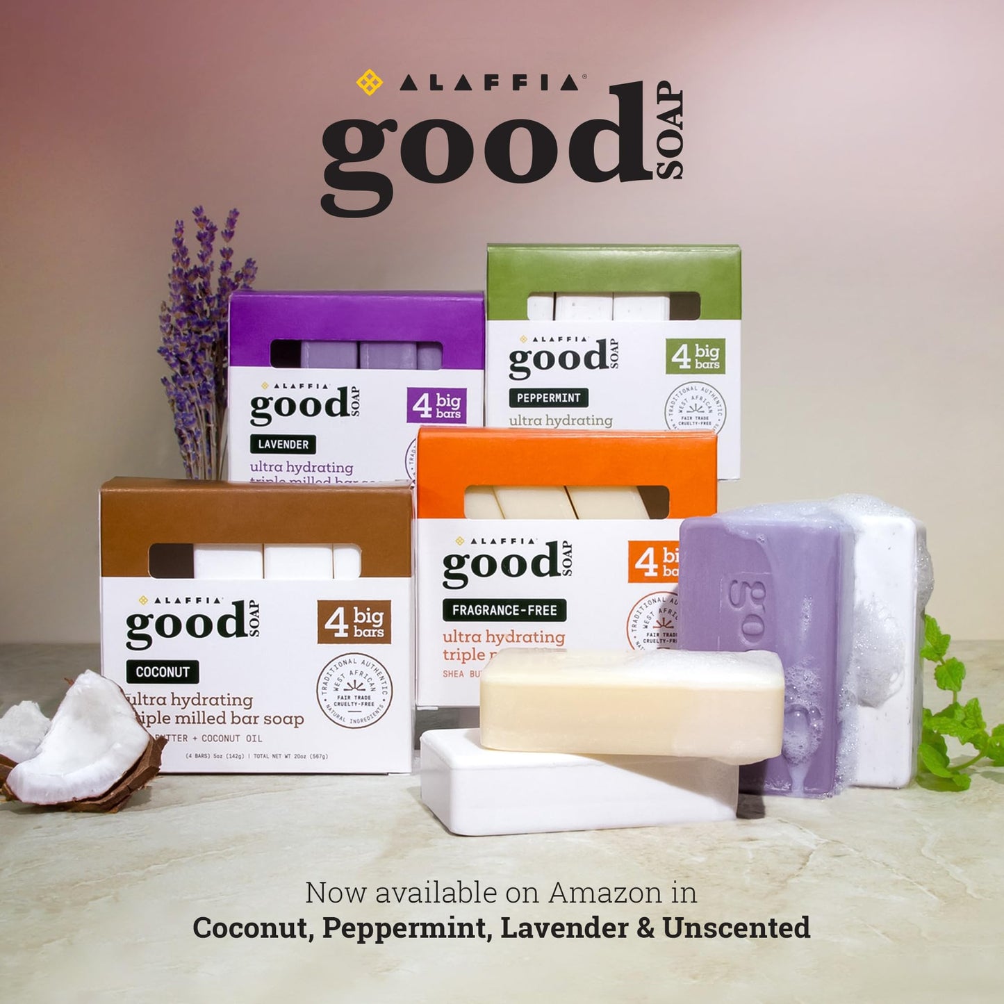 Alaffia Good Soap Lavender 2-Pack (8 Bars) – Long-Lasting, Triple-Milled with Fair Trade Shea Butter