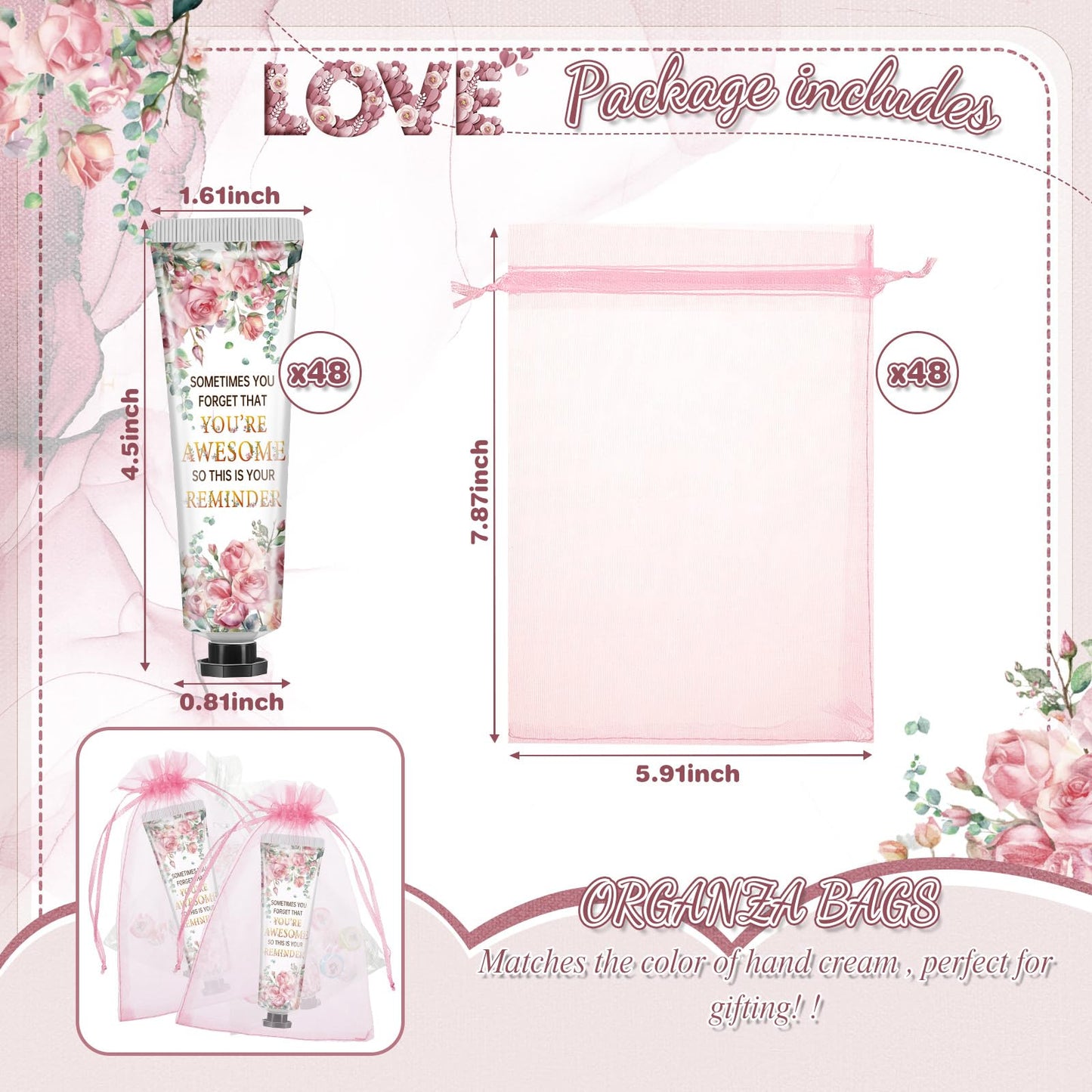 Swiffen 48 Sets Inspirational Hand Cream Gifts for Women Bulk, Teacher Appreciation New Job Gift Bridal Wedding Favors for Lady Friend Coworker, Travel Size Lotion for Women Birthday with Organza Bags