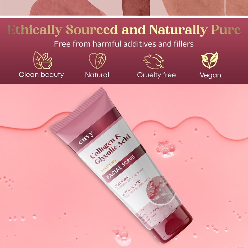 Envy Collagen & Glycolic Acid Face Scrub - Anti-Aging, Softening & Dark Spot Improving, Gentle Exfoliating Scrub - Dermatologist Tested, Clean Beauty for All Skin Types - 6.76 Oz