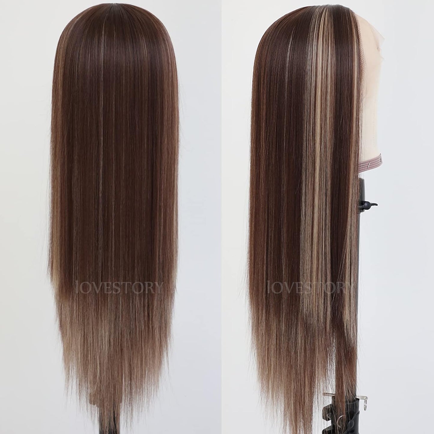 Brown Hair Highlights Lace Front Wig - Long Straight Synthetic Hair, Heat Resistant | 13x3 Size