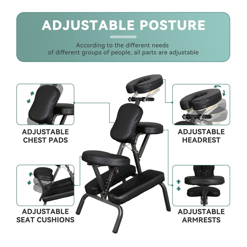 JupiterForce Portable Massage Chair Foldable Lightweight Tattoo Therapy Chair with Adjustable 4 Inches Thick Sponge Face Cradle for Client Spa Salon Massage with Carrying Bag (Black)