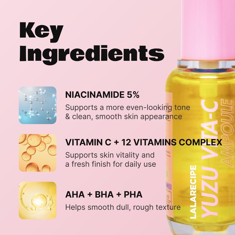 LALARECIPE Yuzu Vitamin C Serum with Niacinamide 5% & AHA, Korean Skin Care for Face, Hydrating Facial Serum for Uneven Skin Tone & Dark Spots (1.69 Fl Oz / 50ml)