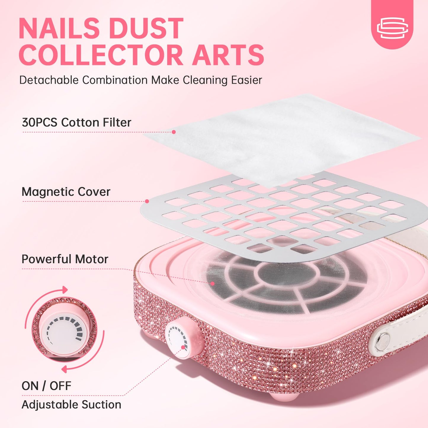 CHRISTINE SHELLY Nail Dust Collector, Bling Crystal Diamond Compact 6000RPM Powerful Vacuum Fan Vent Dust Collector Extractor Dust Suction Machine for Acrylic Nails Polishing, Fast Charging
