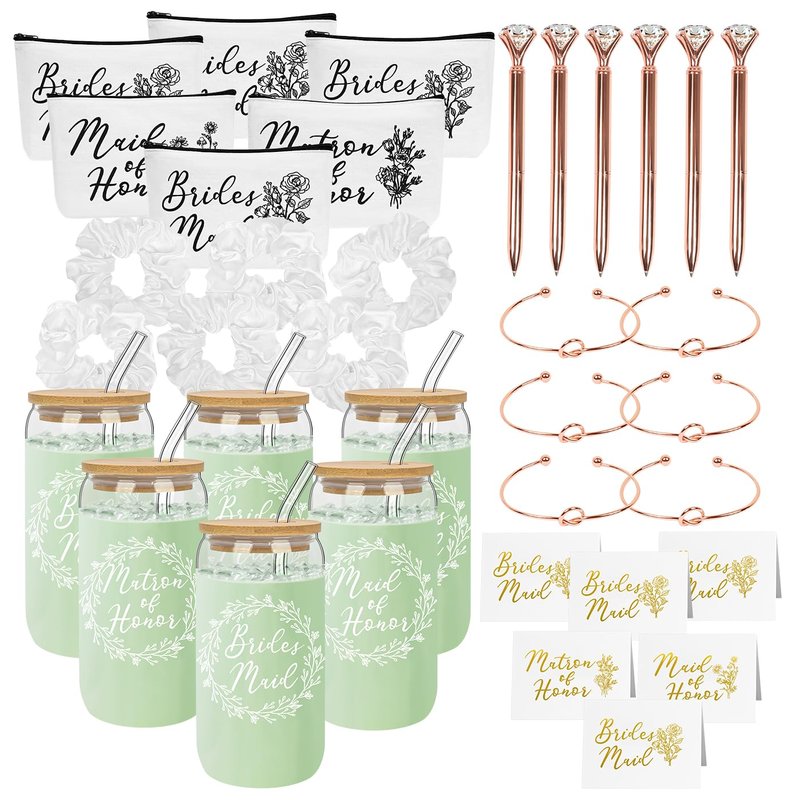 Nimbbex 36Pcs Bridesmaid Proposal Gifts,Maid of Honor Gifts Matron of Honor Gifts,include 16oz Glass Cups Makeup Bags Scrunchies Knot Bracelets Bridesmaid Cards Diamond Pens for Wedding