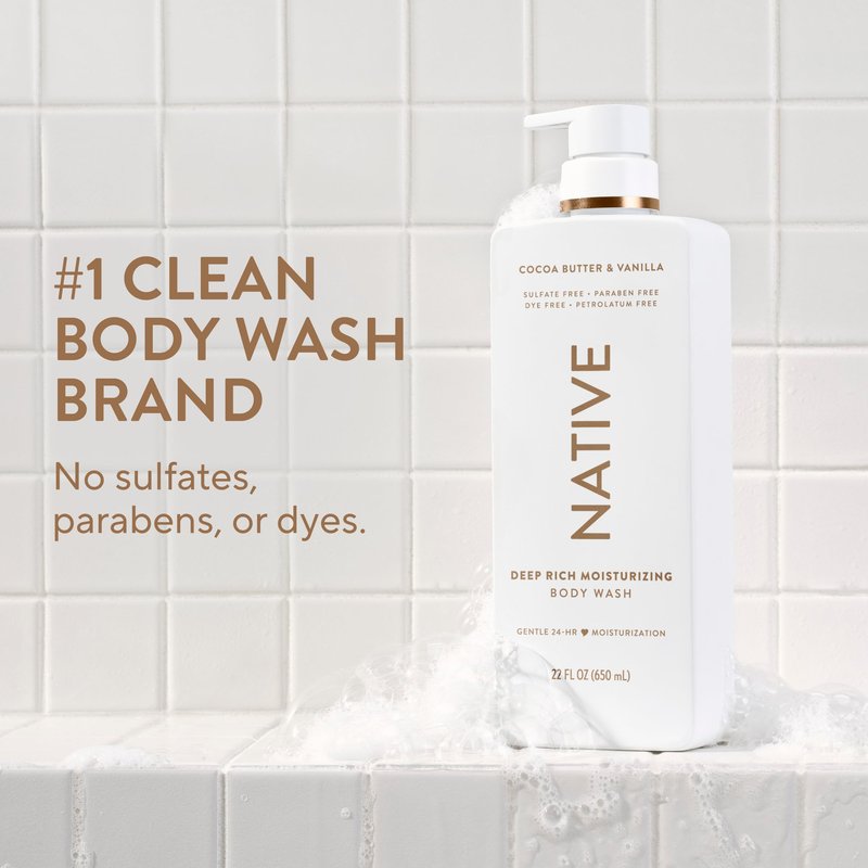 Native Cocoa Butter & Vanilla Scent 24-Hour Moisturizing Bodywash for Women & Men, Clean & Gentle, for Dry or Sensitive Skin, Keeps Skin Healthy & Smooth, Free of Sulfates, Cruelty-Free, 18 oz