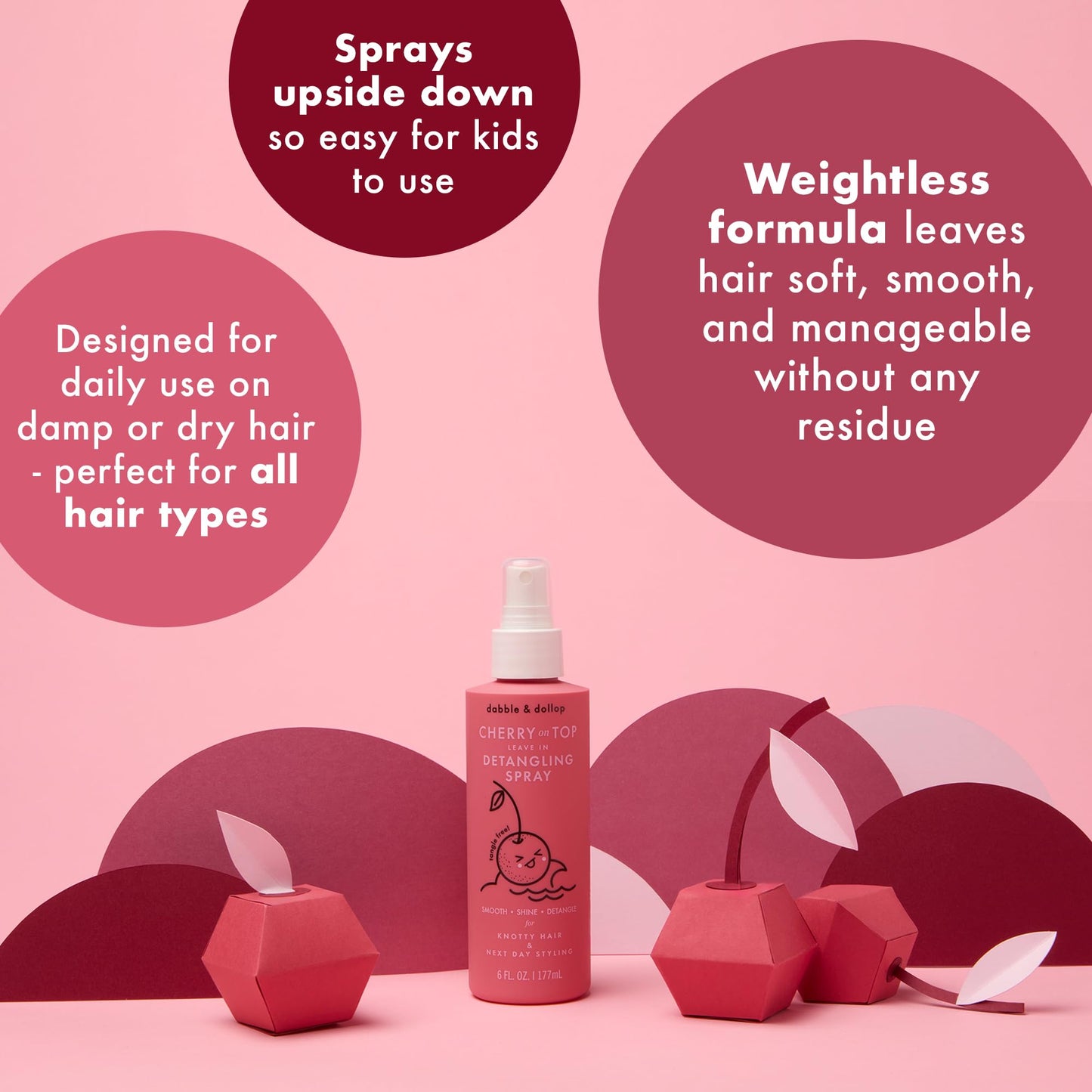 Dabble & Dollop Cherry on Top Kids Detangler Spray – Leave In Conditioner Spray for Kids & Toddlers, Detangling Spray for All Hair Types – Gentle, Naturally Derived, Hypoallergenic (6 oz, Pack of 2)