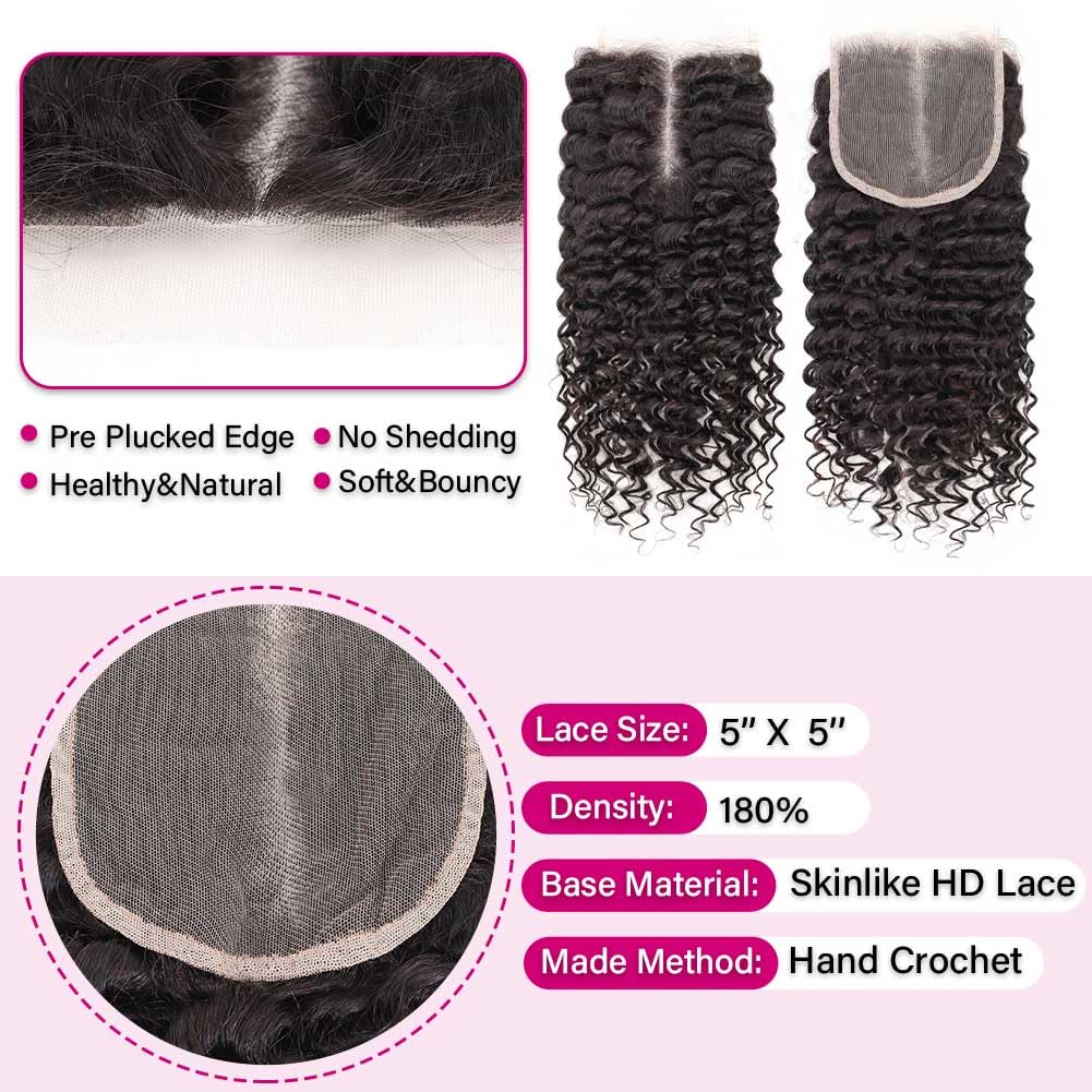 Omswet 5x5 HD Lace Deep Wave Closure Human Hair SKINLIKE 0.1mm Ultra-Thin Invisible HD Lace Pre Plucked Small Knots Closures 12A Unprocessed Brazilian Virgin Remy Hair Wet And Wavy 10 Inch