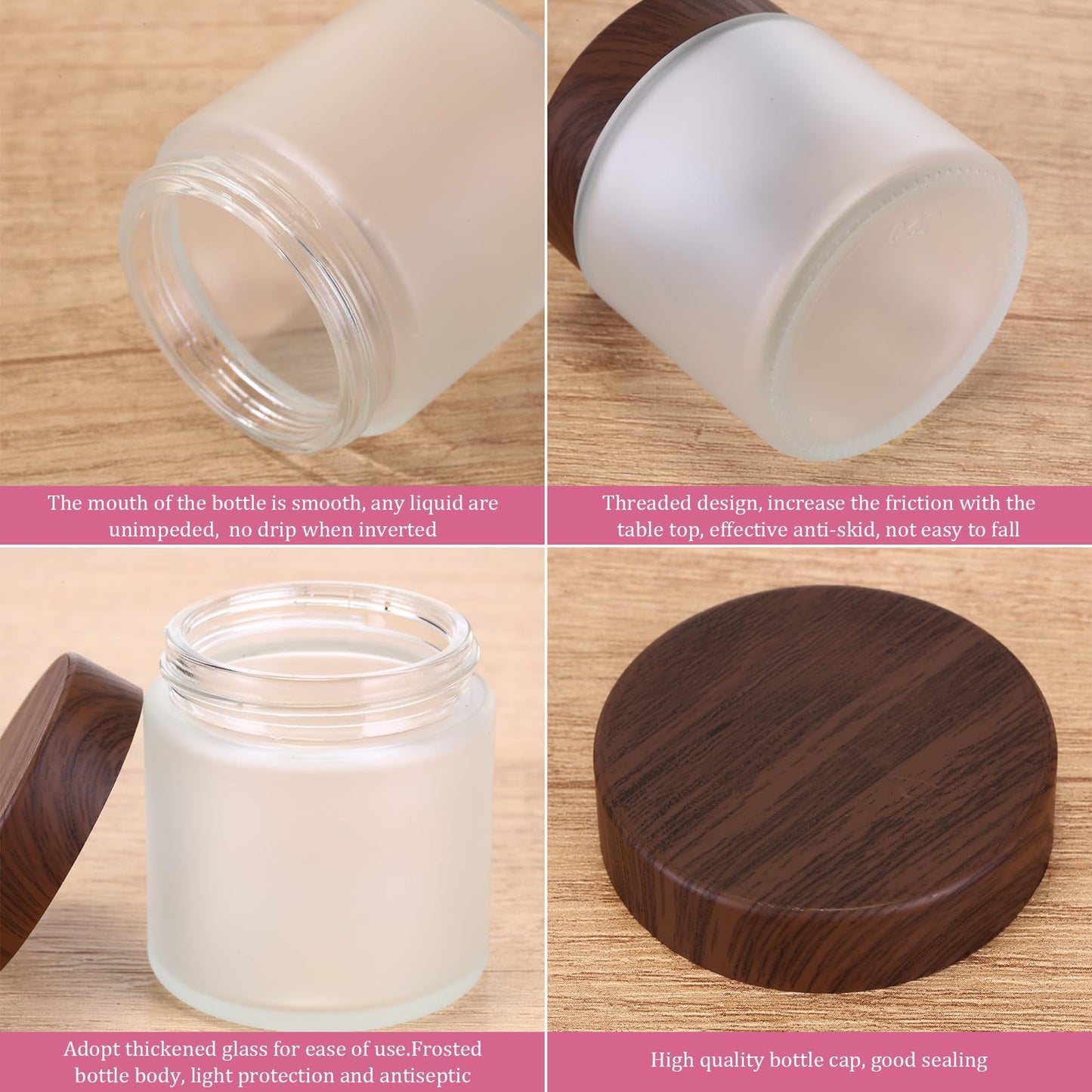Geiserailie 30 Pcs 3.5oz Glass Jars with Plastic Wood Grain Lids Leakproof Airtight Empty Cosmetic Jars Sample Containers for Storing Lotions Powder Ointments Candle Making(Dark Brown)