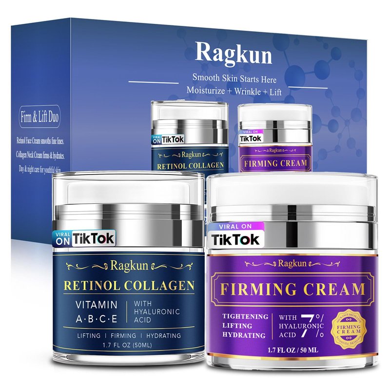Ragkun Retinol Neck & Face Dual-Action Set—Collagen & Hyaluronic Acid Firming Neck Cream, Anti-Aging Day & Night Moisturizer, Instant Face Lift Wrinkle Creams for Women & Men, 2-Pack