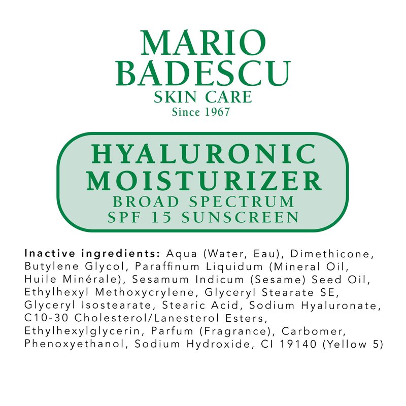 Mario Badescu Hyaluronic Face Moisturizer for Women and Men with SPF 15, Ideal Facial Moisturizer for Combination, Dry or Sensitive Skin, Sesame Seed Oil-Infused Moisturizer Face Cream, 2 Fl Oz