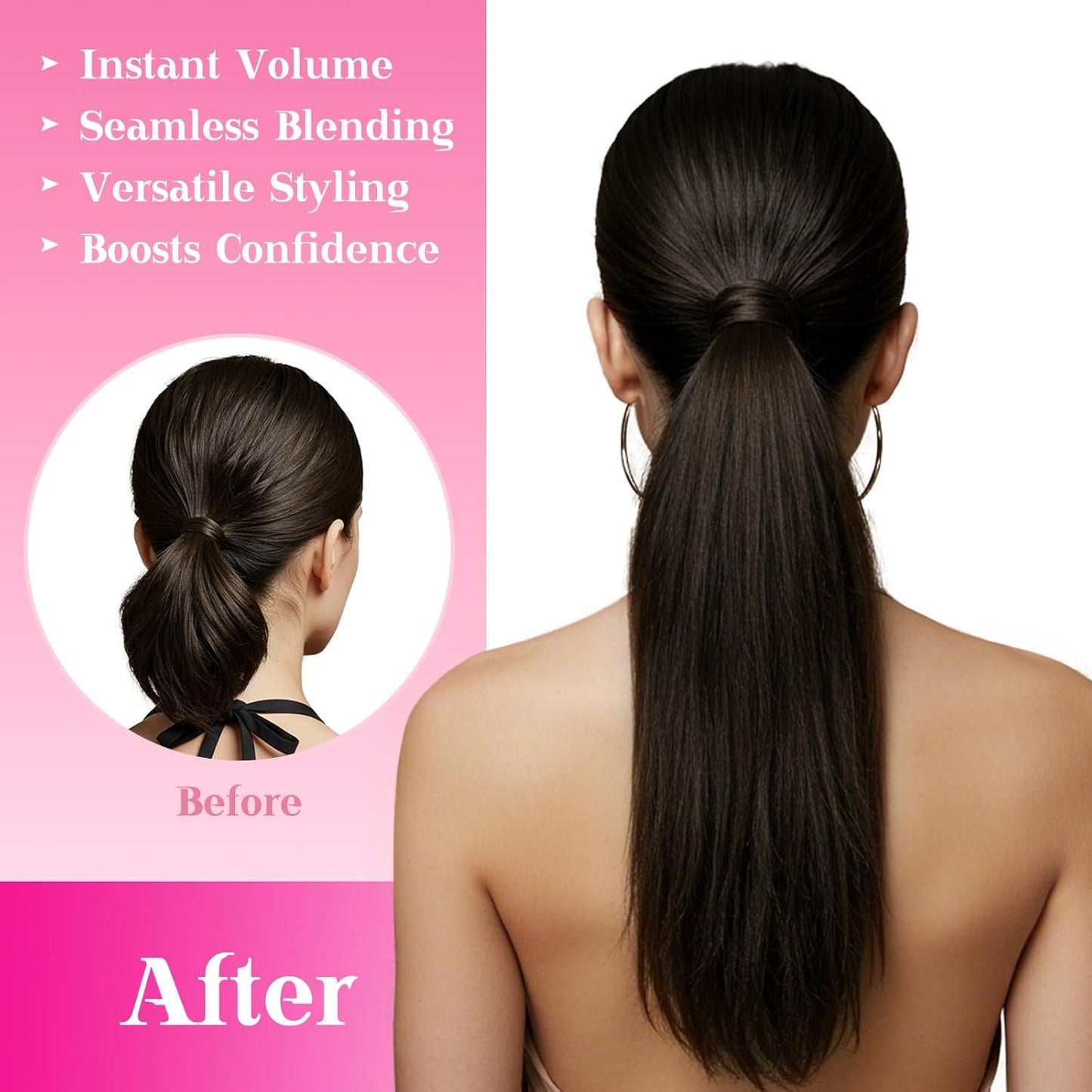 Real Human Hair Ponytail Extensions - 80g Clip-In Straight Hair for Women | Brunette Dark Brown, 14 Inch