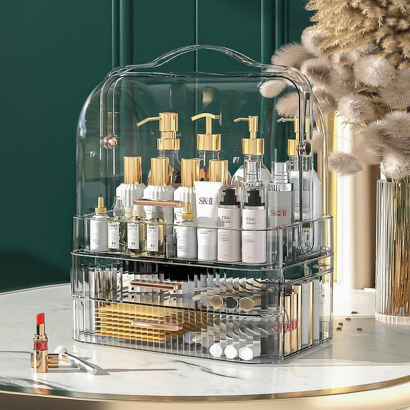 EachDusto Clear Cosmetics Storage Box Transparent Lid Large Makeup Organizer Box Drawers Portable Handle Waterproof Dustproof Skincare Display Cases for Countertop Bathroom Dresser Gift