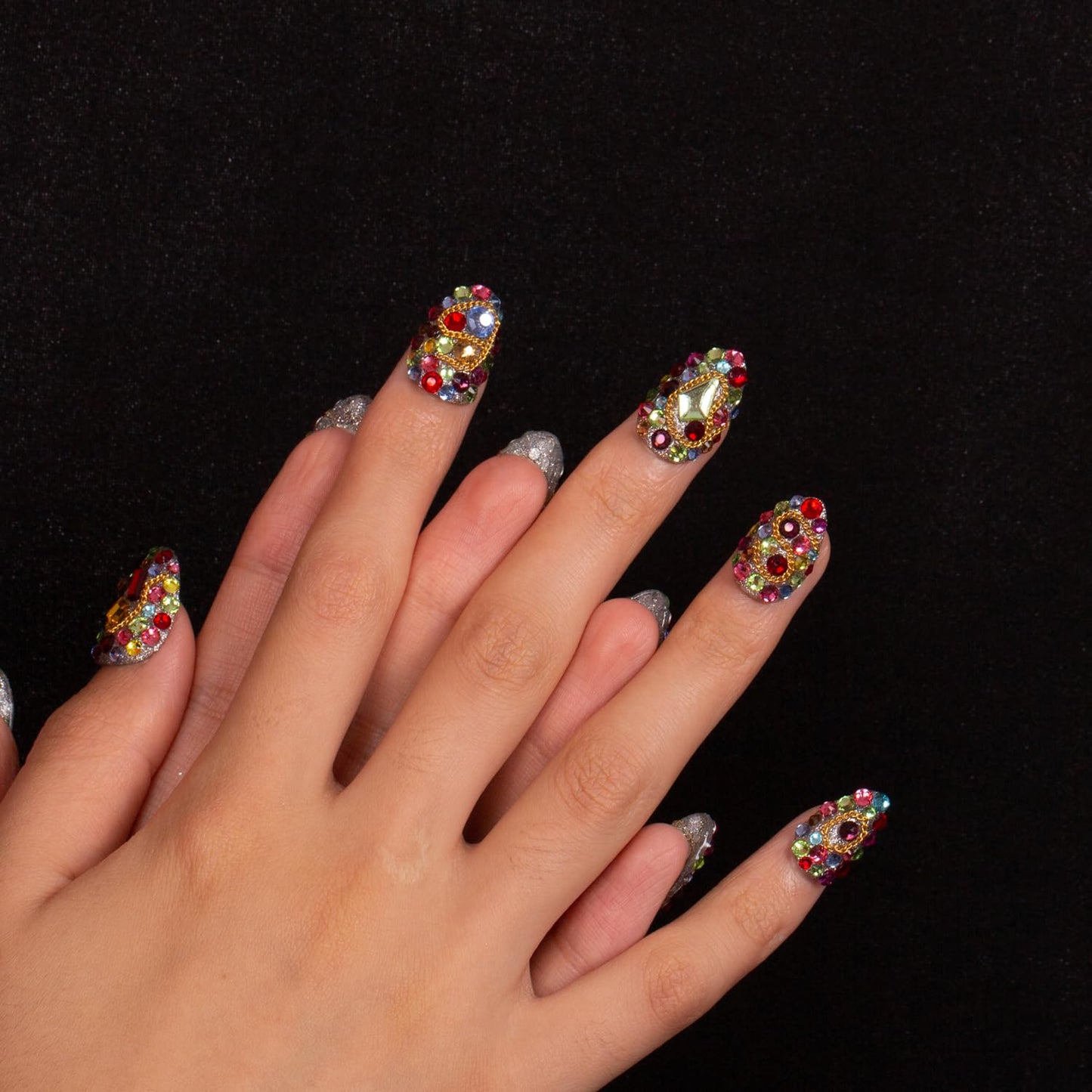 LOVFUL Press on Nails Precious | Handmade with Full Covered Crystals | Reusable Fake Nails | Almond Short 0.8 in | H175-S