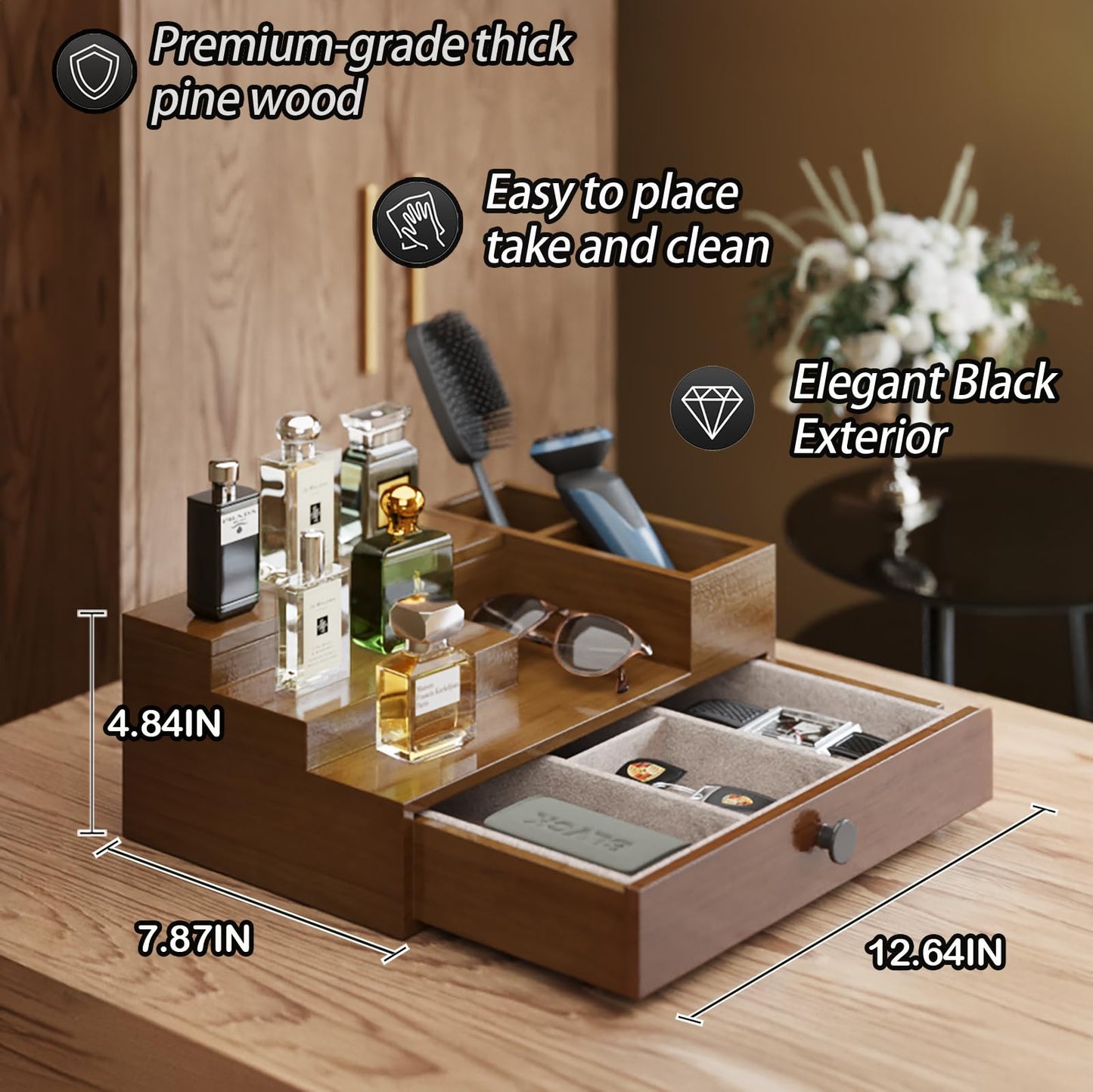 UUyuality Pine Wood Cologne Stand Organizer for Men, 3 Tier Cologne Display Shelf Organizer with Hidden Compartment and Velvet Lining Drawer, Perfume Display Holder (Brown, 01)