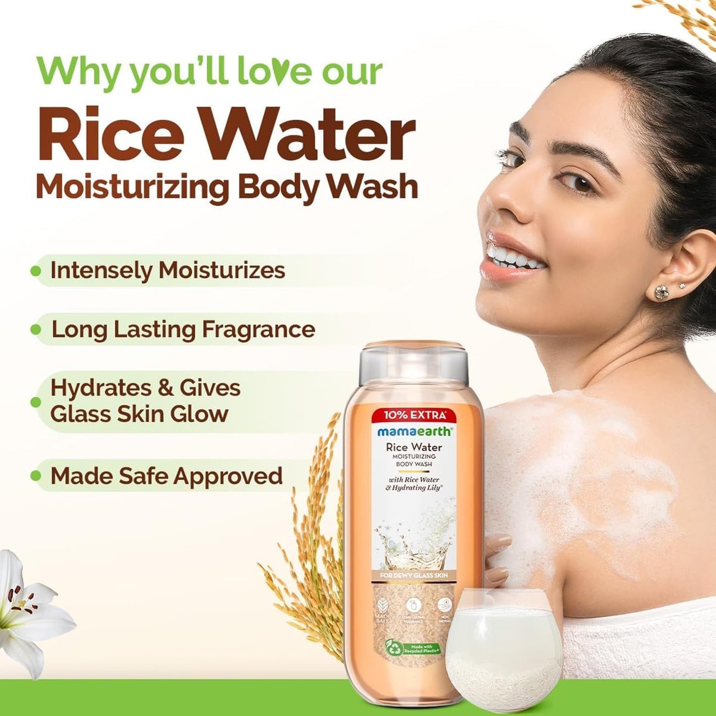 MAMAEARTH Rice Water Moisturizing Body Wash with Rice Water & Hydrating Lily, 9.30 Fl Oz (275 ml)