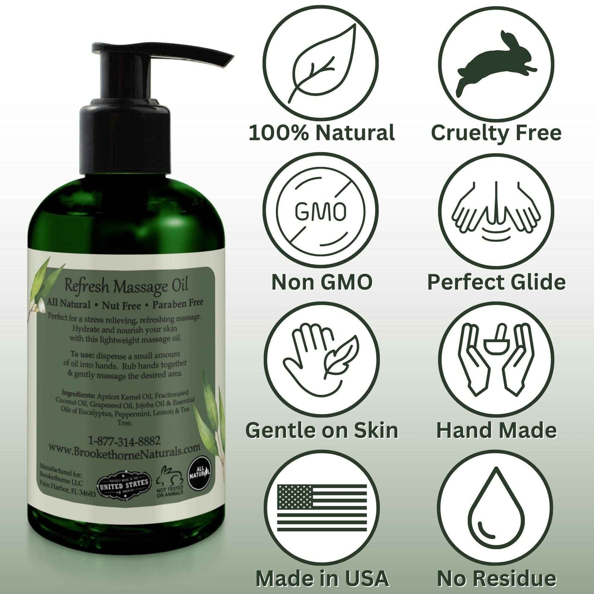 Refresh Massage Oil for Massage Therapy with Eucalyptus & Peppermint Essential Oils - All Natural Sore Muscle Relief. Ideal for Full Body Relaxation – Nut Free Formula 8oz