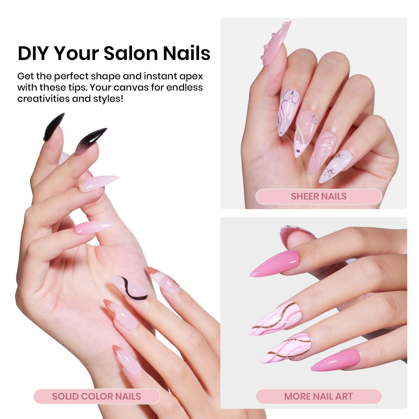 Beetles Tipex Instant Apex Nail Tips Medium Stiletto 16 Sizes 192 Pcs Pre-Etched Pre-Building Strong Thick Acrylic Tips