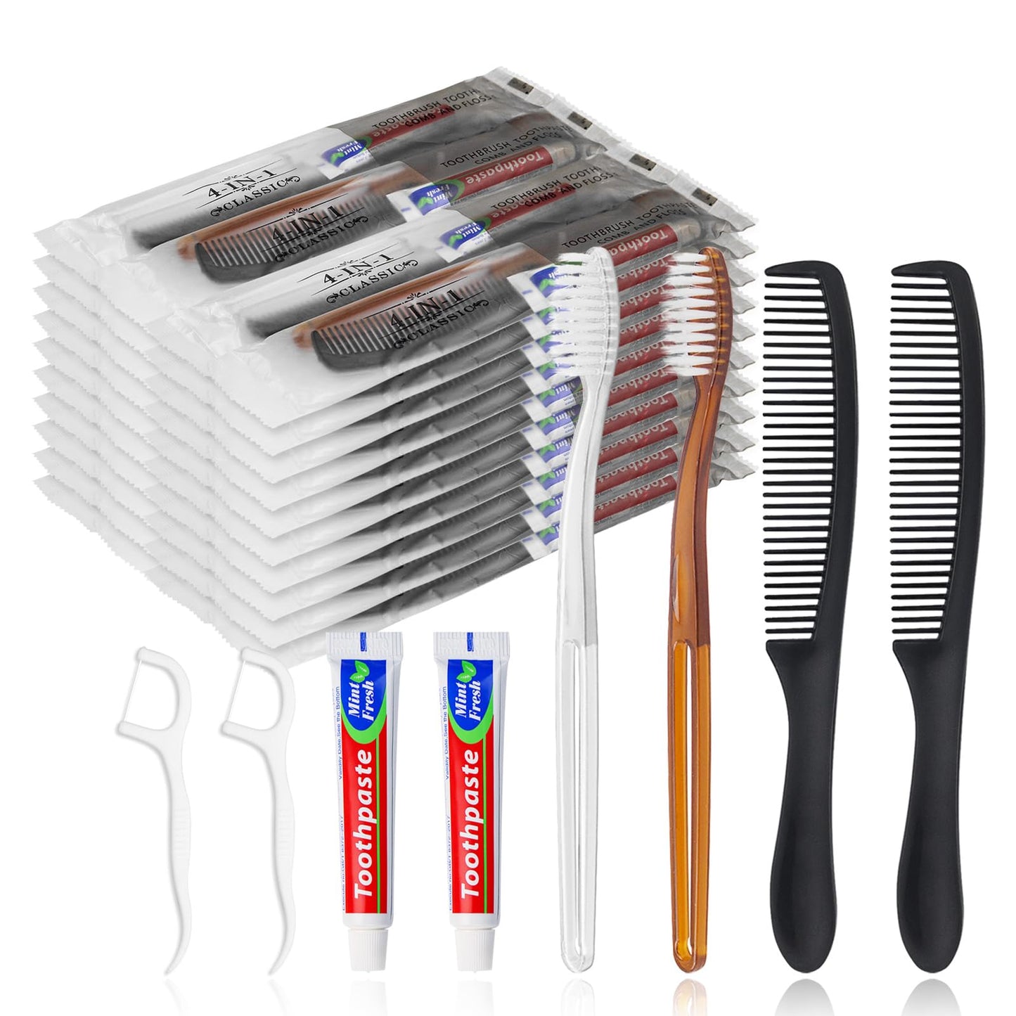 Gisdo 100pcs Disposable Toothbrushes with Toothpaste and Comb Floss Individually Wrapped,4-in-1 Bulk Toothbrush Kit with 2 Color Toothbrush,10 gram Toothpaste,7 inch Comb,Floss Pick for Homeless,Hotel