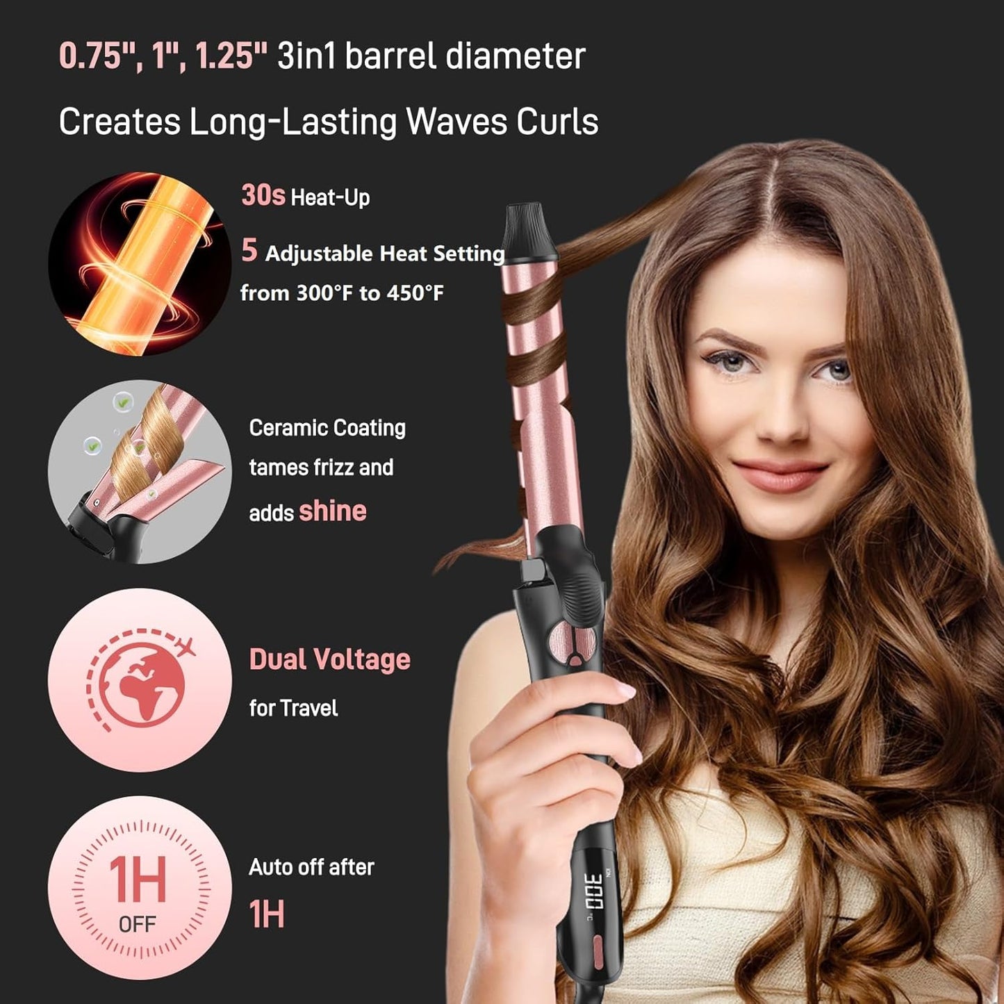 Automatic Curling Iron - 3-in-1 Interchangeable Curling Wand for Lasting Beach Waves | Adjustable Temp, Dual Voltage, Rose Gold