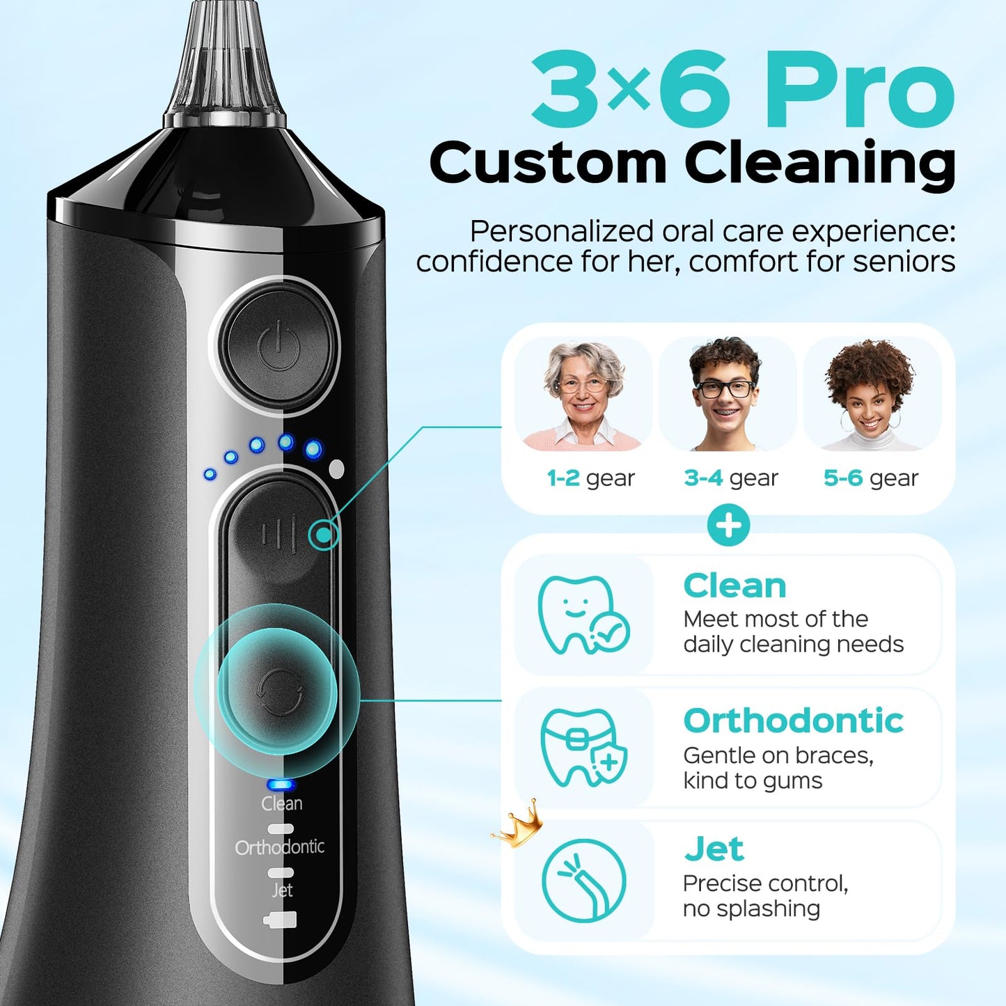 COSLUS ADA Accepted C51 Portable Water Flosser for Teeth: 3 Modes & 6 Pressure Settings with Jet Mode Water Dental Pick for Orthodontic, Braces, Sensitive Gums, Compact for Travel, for Multiple Users