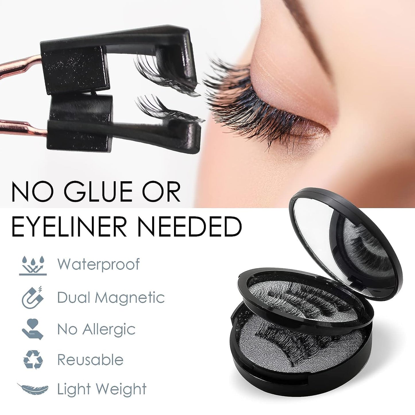 Magnetic Eyelashes - Reusable 3D Natural Look | No Glue, Waterproof, Lightweight - 4 Count Set
